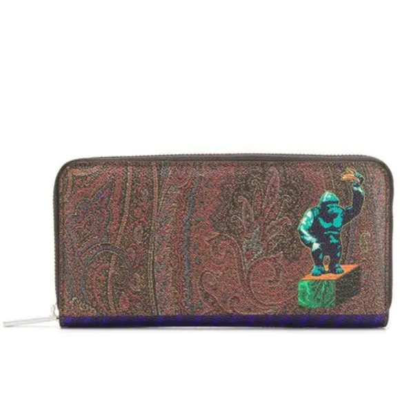$650 Etro Paisley Gorilla Print Zip Around Continental Long Wallet Made In Italy - Picture 2 of 6